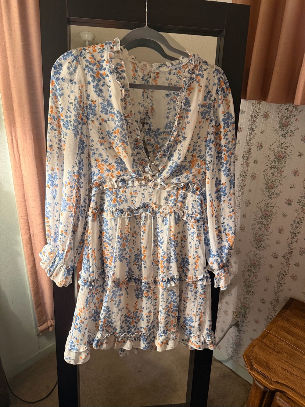 Floral Ruffle V-Neck Mini Dress - White with Blue & Orange Floral